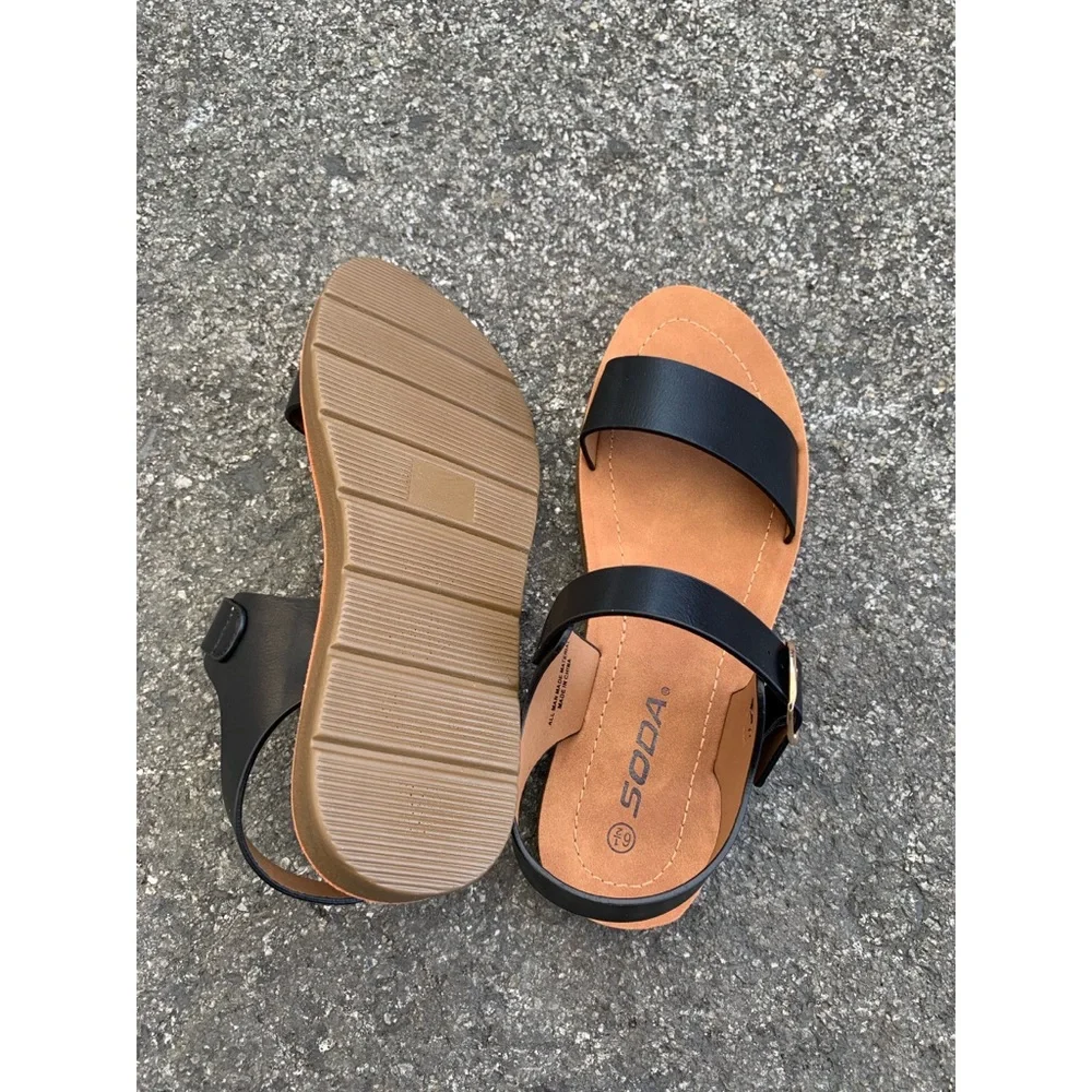 Soda Black and Tan Strappy Buckle Sandals